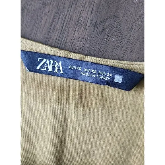 Zara Satin Contrast Slip Camisole Midi Dress Sheer Lace Panel Olive green Xs - Picture 5 of 11